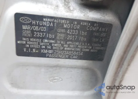 2003 Hyundai Sonata Base W/2.7L V6 z USA, uszkodzony, nr VIN KMHWF25H23A858454